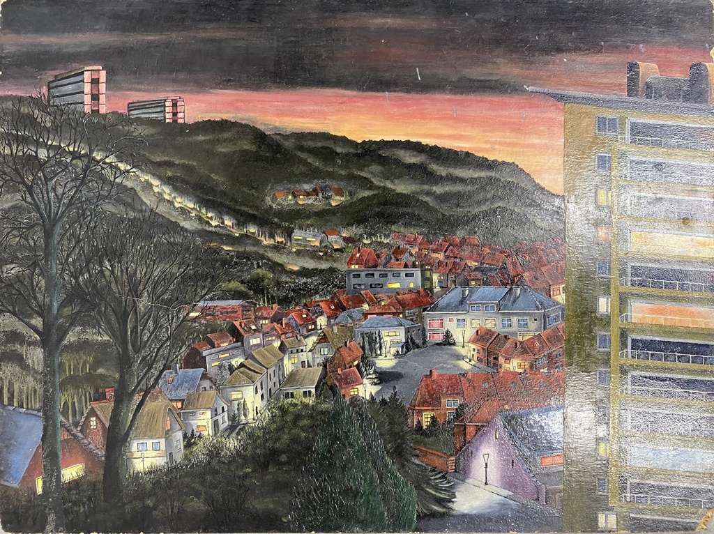 Hillside Town at Sunset with High-Rise Contrast