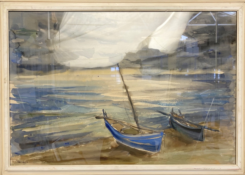 Sunlit Shore with Blue Rowboats