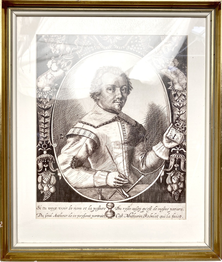 Engraved Portrait with Regal Coat and Inscription Border