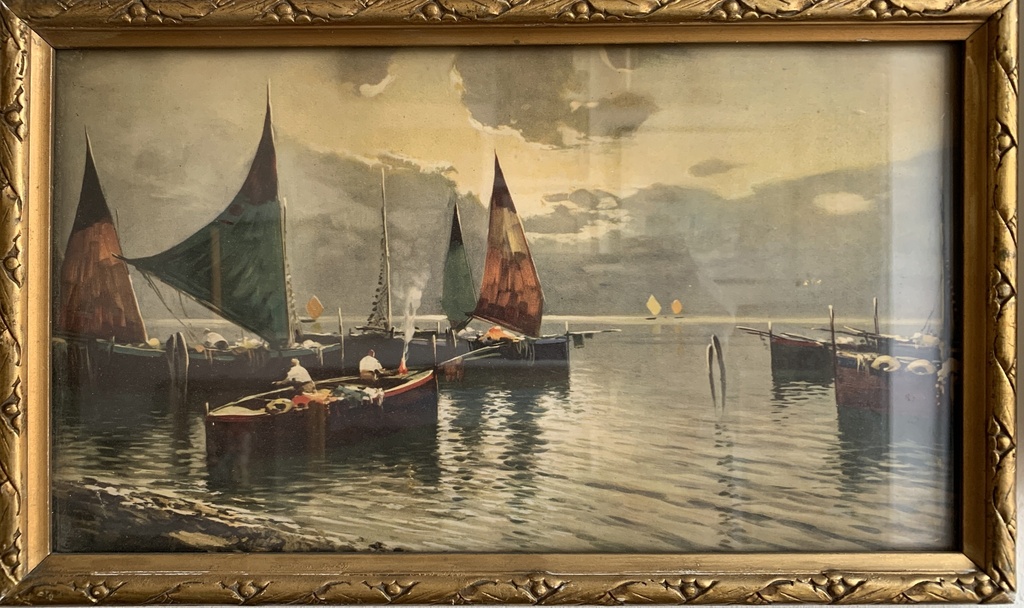 Harbor at Dusk with Sailboats and Reflections