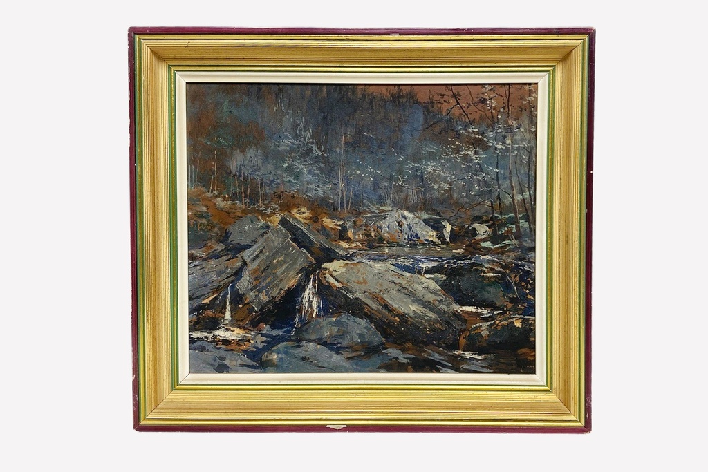 Autumn Woodland Stream Painting in Gold Frame