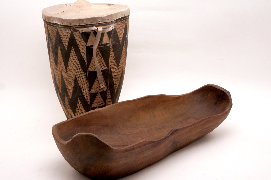 Handmade Tribal Drum and Wooden Serving Bowl