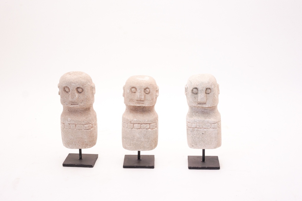 Trio of Carved Stone Figurines on Metal Stands