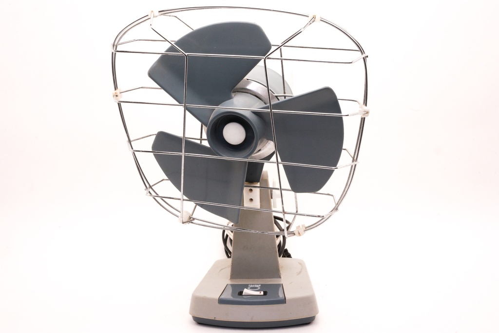 Vintage Desk Fan with Gray Blades and Wire Cage