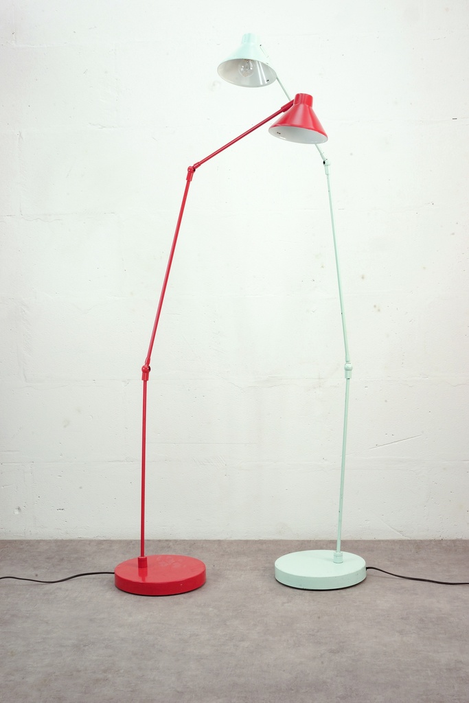 Dual-Tone Articulated Floor Lamp Pair in Red and Mint