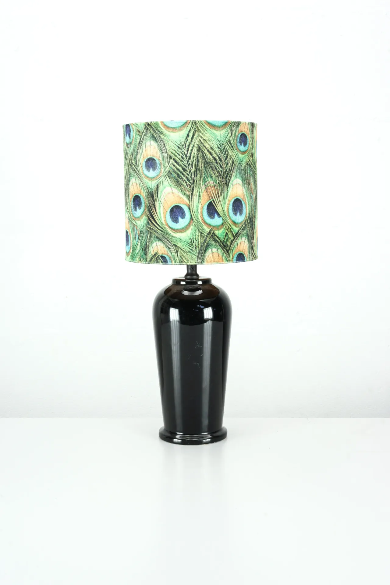 Art Deco Black Lamp with Peacock Feather Shade