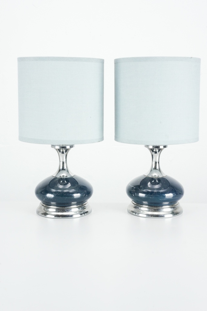 Modern Silver-Base Table Lamps with Blue Hues and Soft Gray Shades