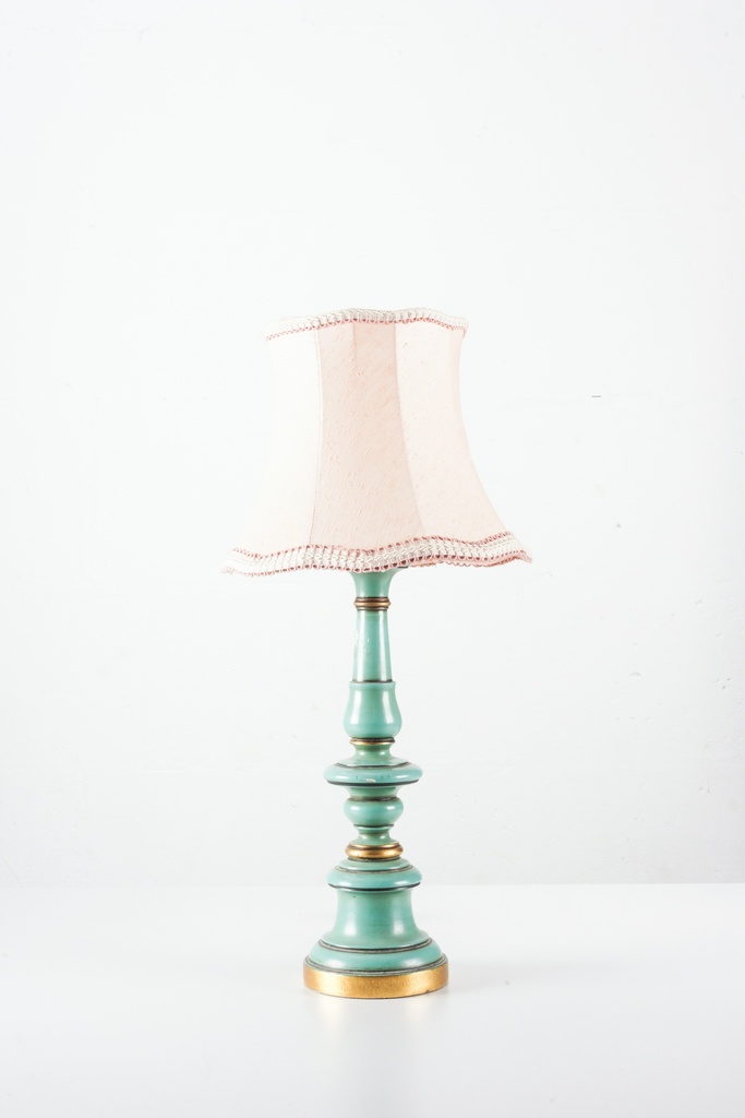 Vintage Aqua Table Lamp with Pale Pink Bell Shade