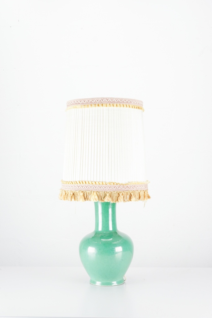 Vintage Celadon Table Lamp with Pleated Shade and Fringe Trim
