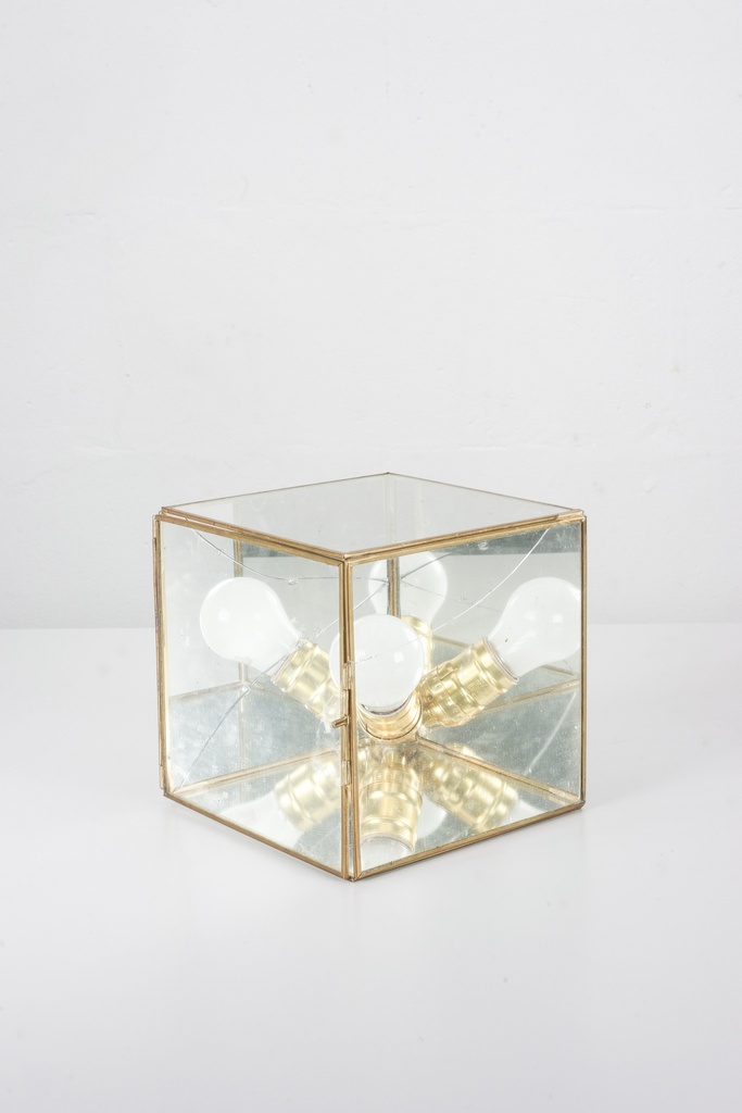 Mirror Box Lamp with Brass Accents and Exposed Bulbs