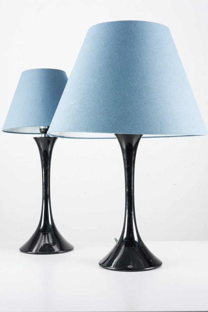 Pair of Black Gloss Table Lamps with Blue Fabric Shades
