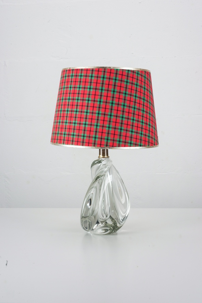 Transparent Swirl Base Lamp with Red Plaid Shade