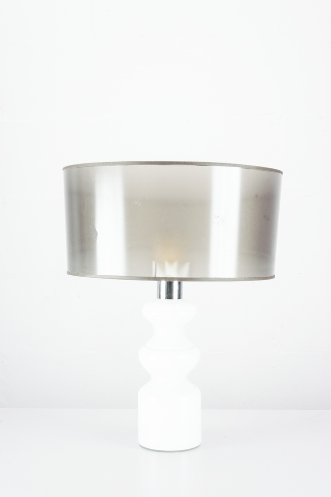 Modern White Sculptural Table Lamp with Smoke Gray Drum Shade