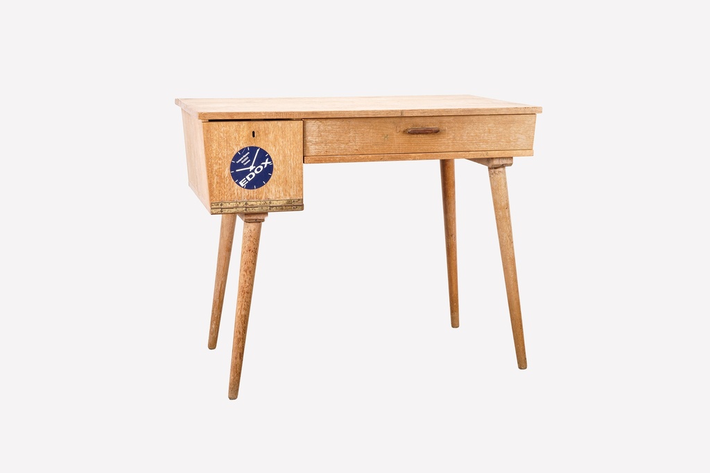 Mid-Century Wooden Writing Desk with Blue Edox Sticker