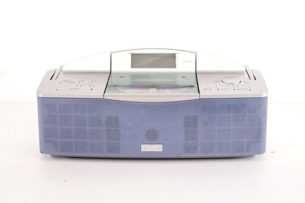 Silver JVC CD Player with Blue Speaker Mesh
