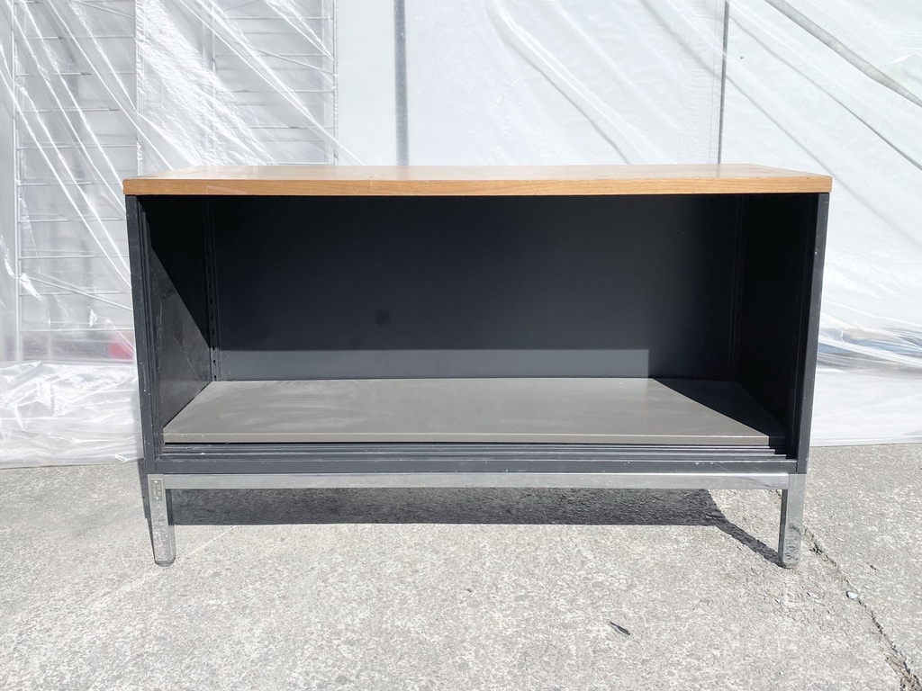 Mid-Century Modern Black Metal Cabinet with Wood Top