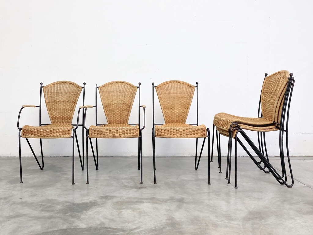 Vintage Woven Rattan Armchair with Black Metal Frame