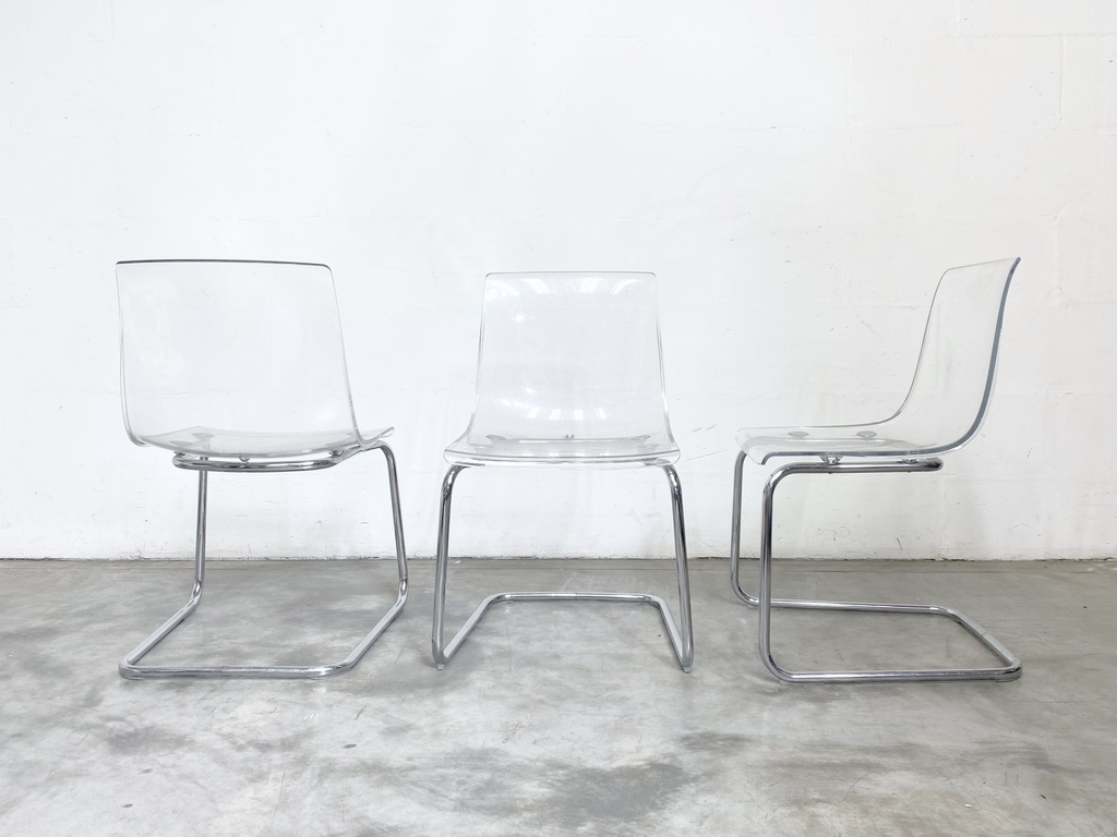 Set of Three Clear Acrylic Cantilever Chairs with Chrome Frames