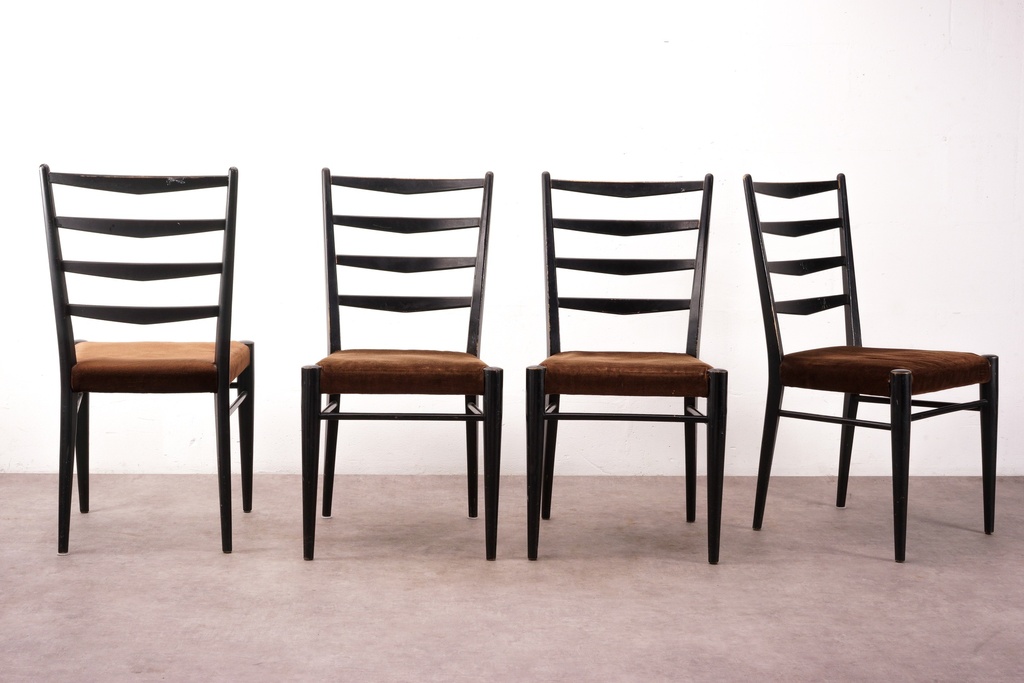 Vintage Black Ladder-Back Chairs with Brown Velvet Seats (Set of 4)