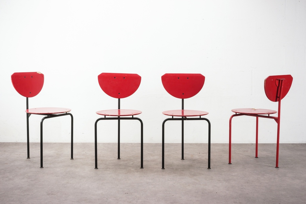 Industrial Modern Red Steel Chairs with Black Legs Set of Four