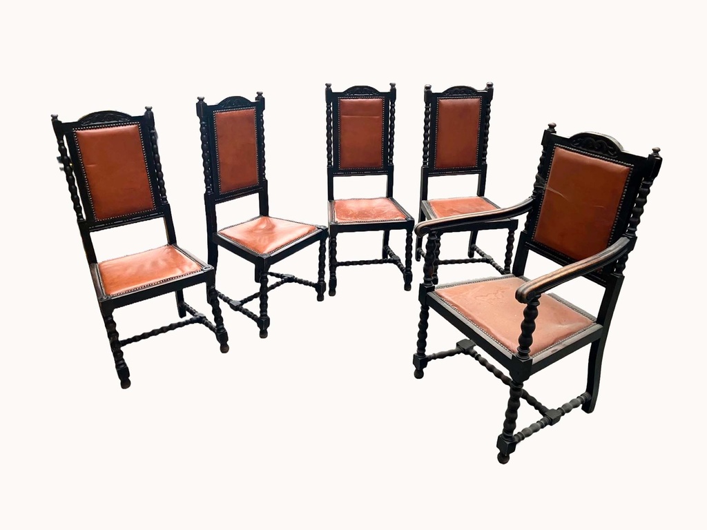 Set of Five Vintage Victorian Style Spindle Back Leather Chairs