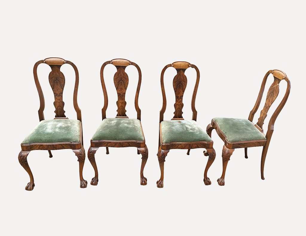 Set of Four Carved Mahogany Dining Chairs with Green Upholstery