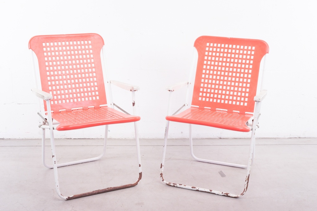 Vintage Red Metal Patio Chairs with Rusted Frames