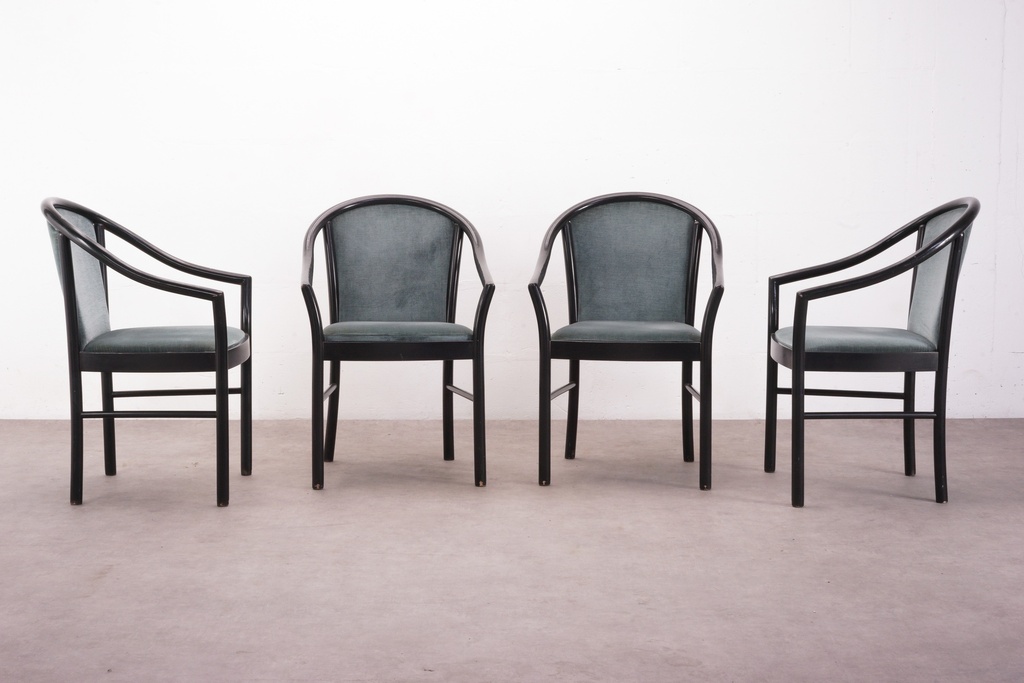 Set of Four Black Framed Upholstered Armchairs with Teal Velvet Seats