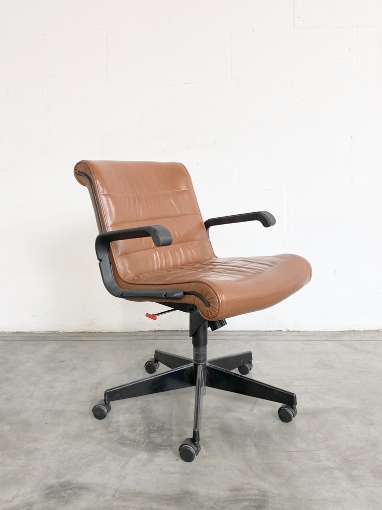 Mid-Century Modern Brown Leather Office Chair on Casters