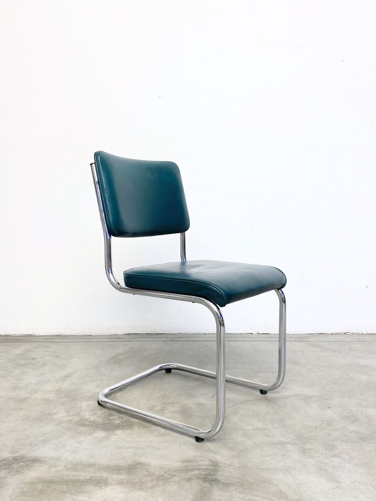 Mid-Century Modern Chrome Cantilever Chair with Teal Vinyl Upholstery