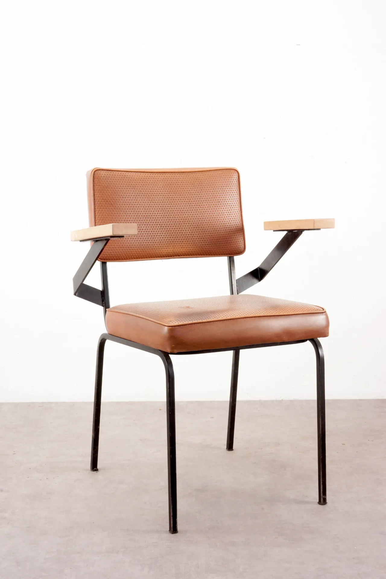 Mid-Century Modern Faux Leather Armchair with Black Metal Frame