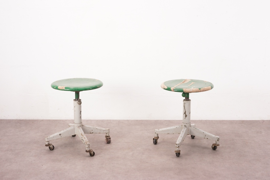 Vintage Industrial Adjustable Green Stools on Casters