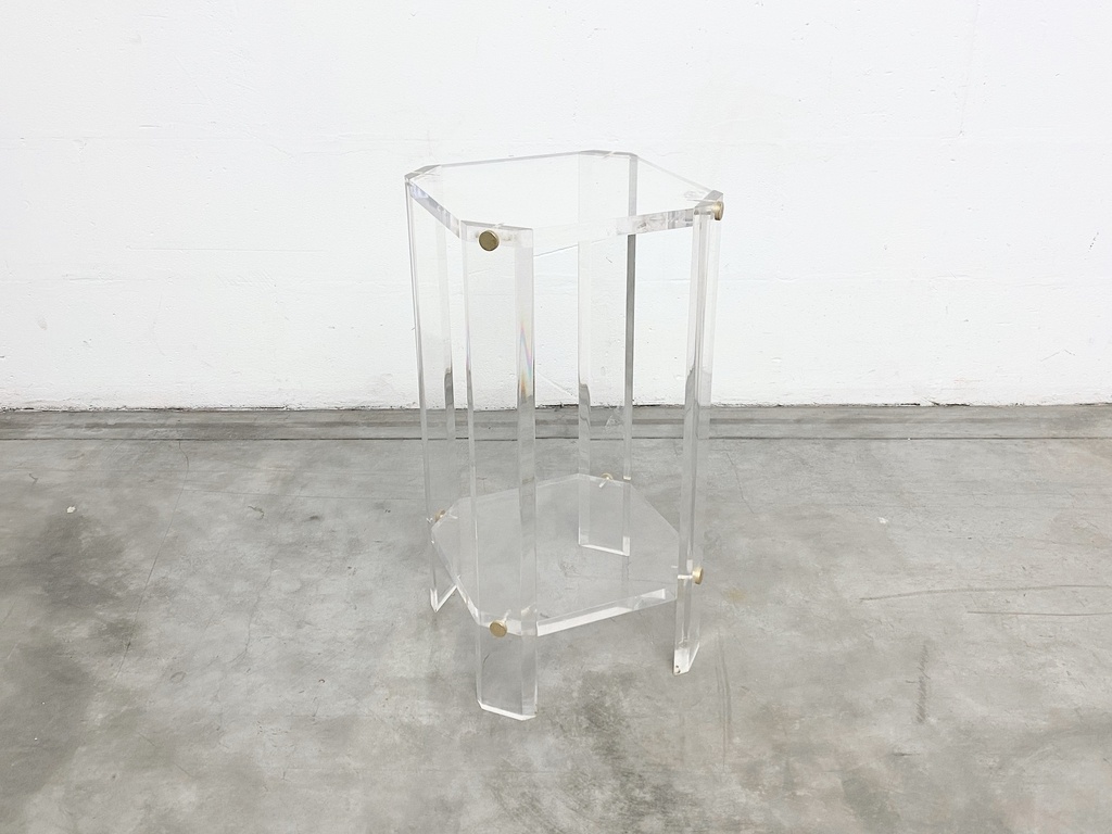 Hexagonal Clear Acrylic Side Table with Brass Accents
