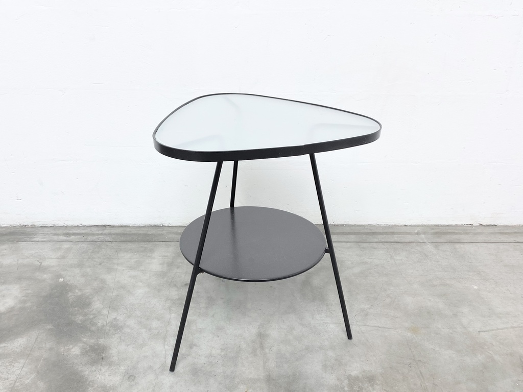 Mid-Century Modern Black Metal Side Table with Frosted Glass Top