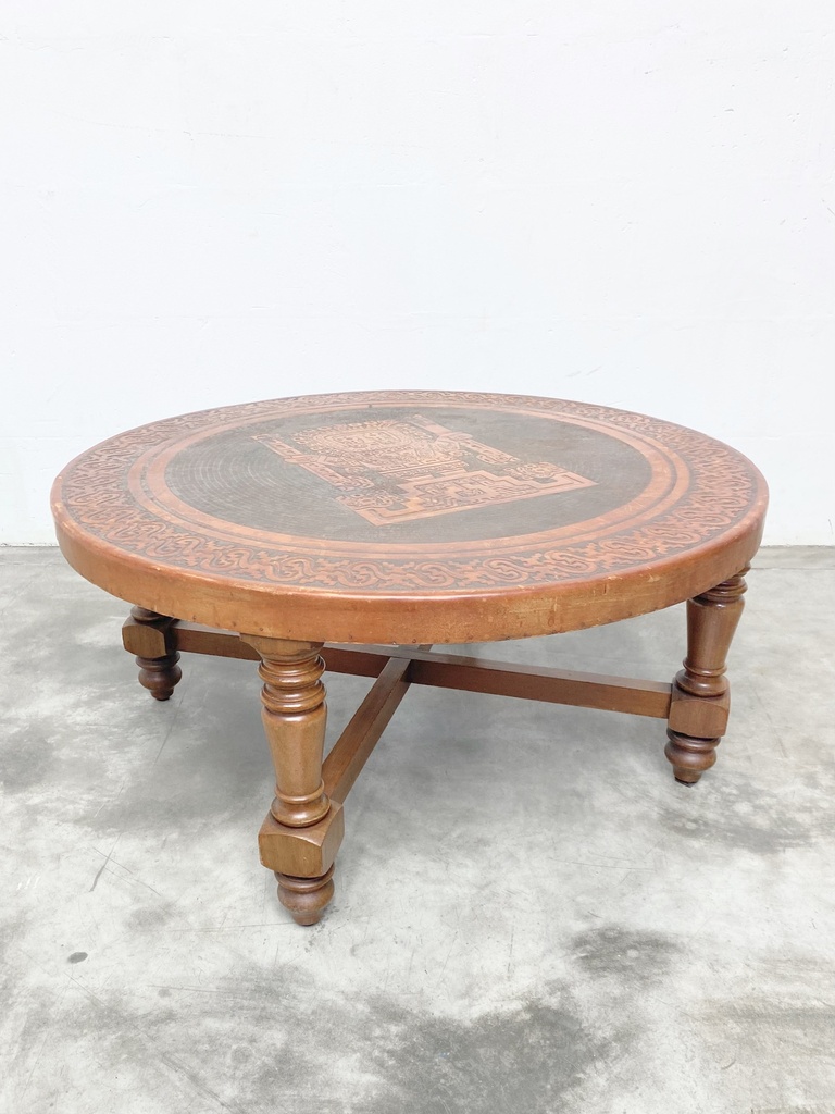 Carved Wood Round Coffee Table with Intricate Inlay Design
