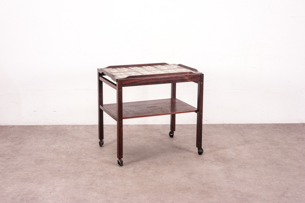 Mid-Century Wooden Rolling Tea Cart with Tiled Top