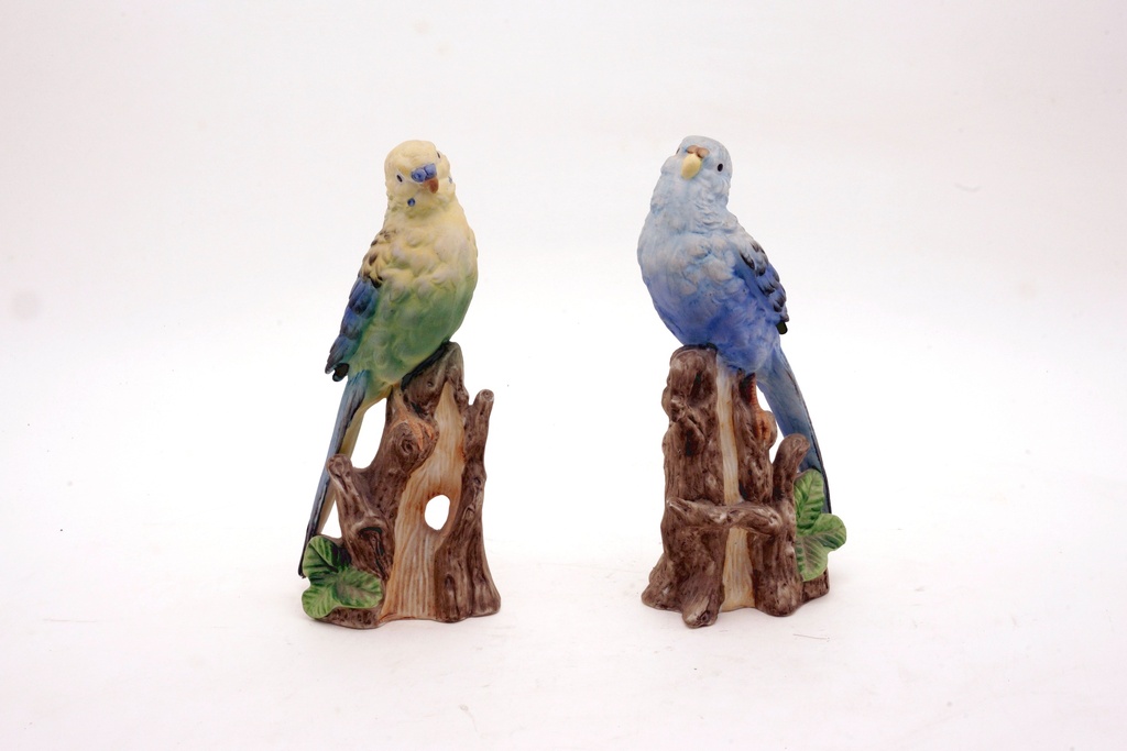 Ceramic Parakeets on Tree Stumps Statues