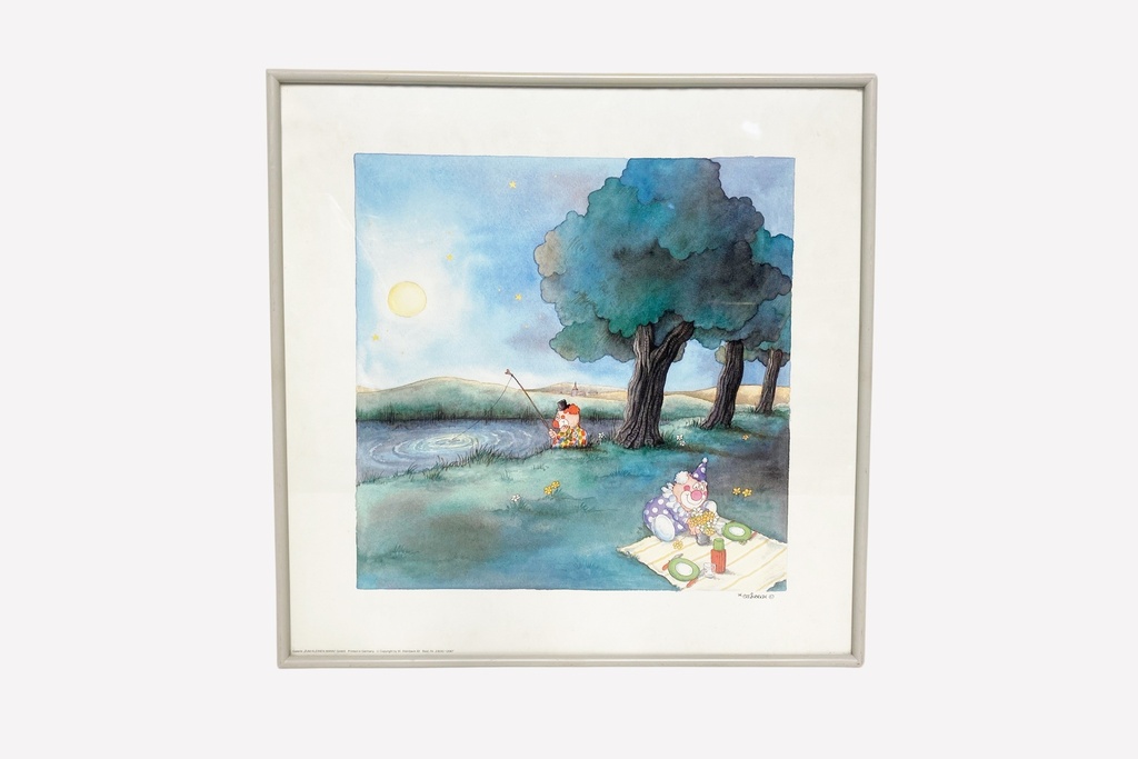 Whimsical Clown Picnic by the Moonlit Pond