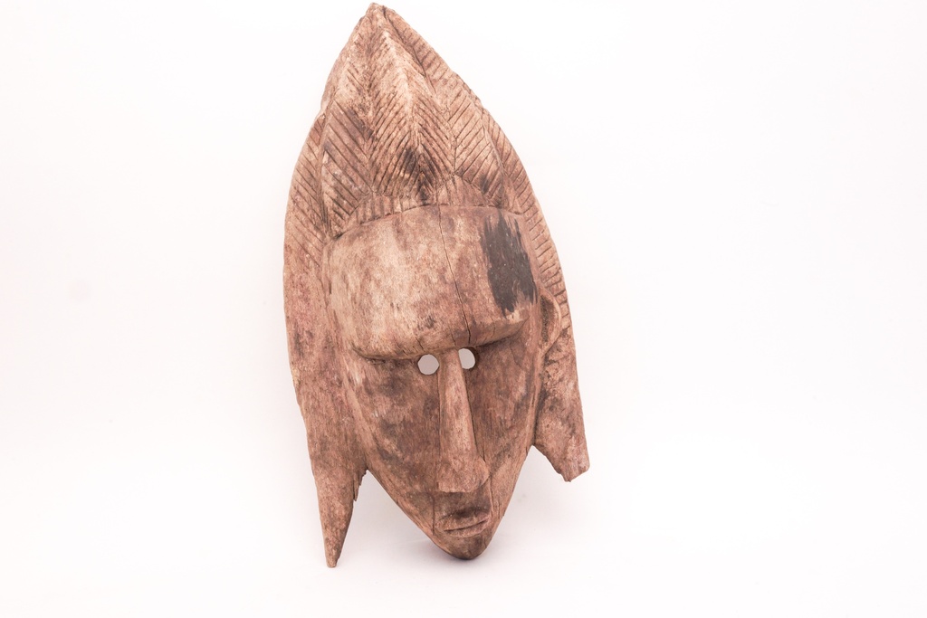 Carved Tribal Wooden Mask with Geometric Detailing
