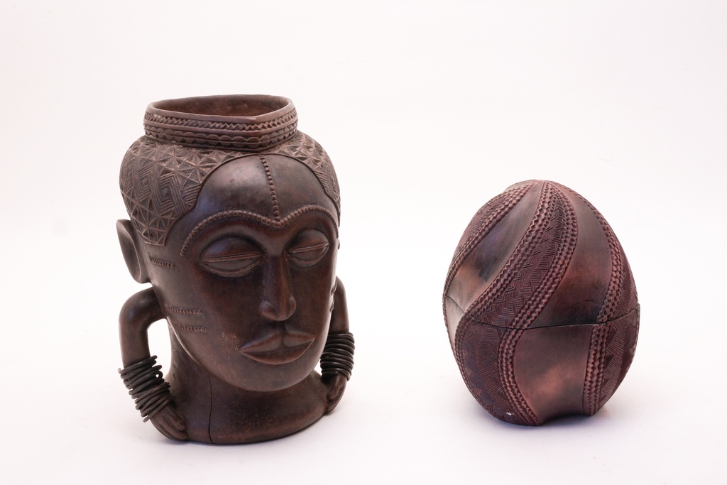 Carved Wooden Tribal Vessel and Decorative Egg
