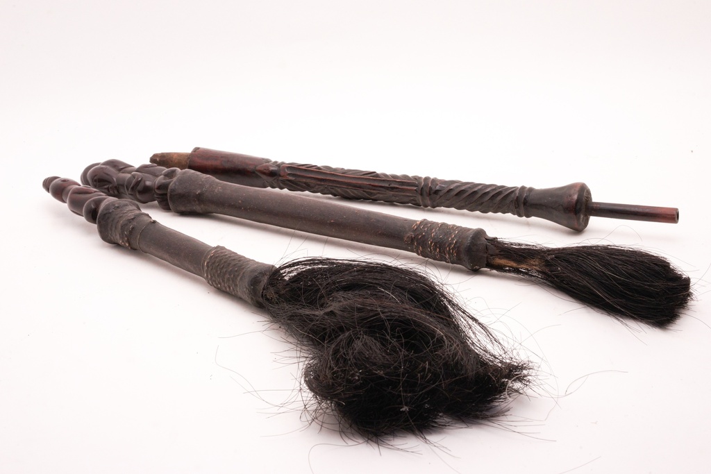 Vintage Horsehair Fly Whisks with Carved Wooden Handles