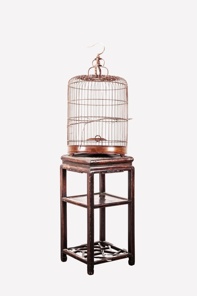 Antique Birdcage on Ornate Wooden Stand