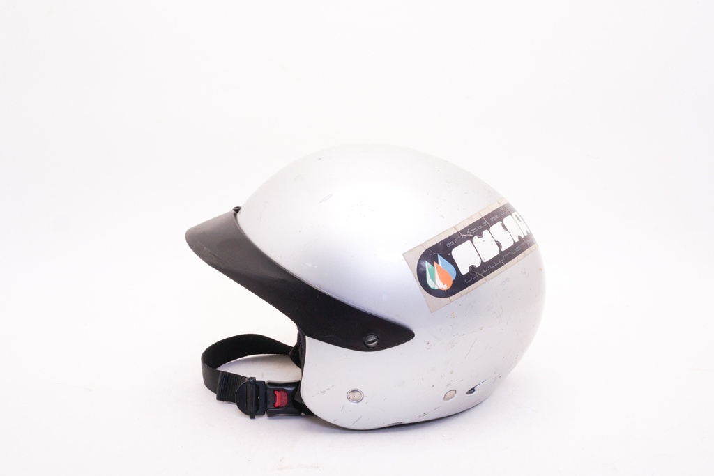 Silver Retro Scooter Helmet with Visor and Sticker Detailing