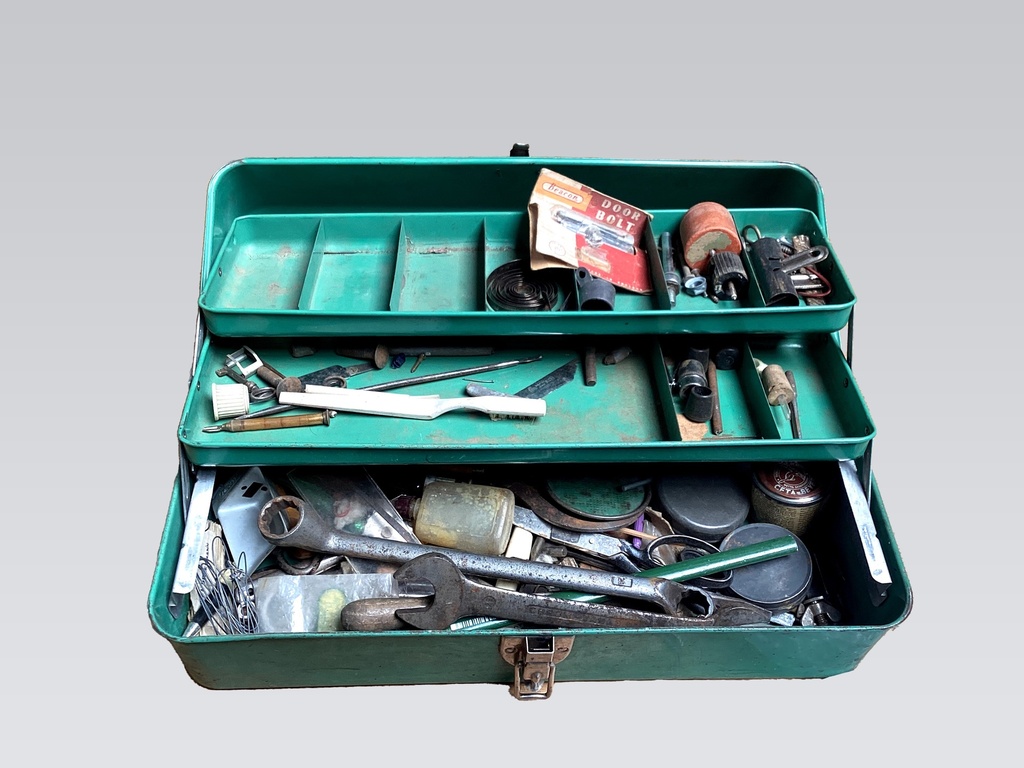 Vintage Green Metal Toolbox with Assorted Tools and Hardware