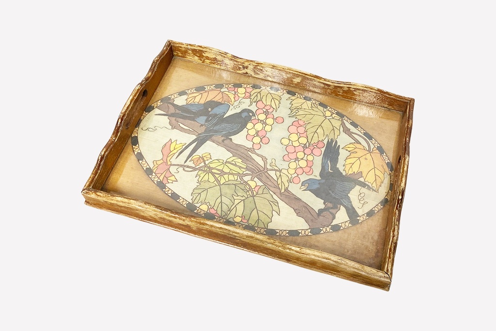 Vintage Wooden Serving Tray with Bird and Grape Motif