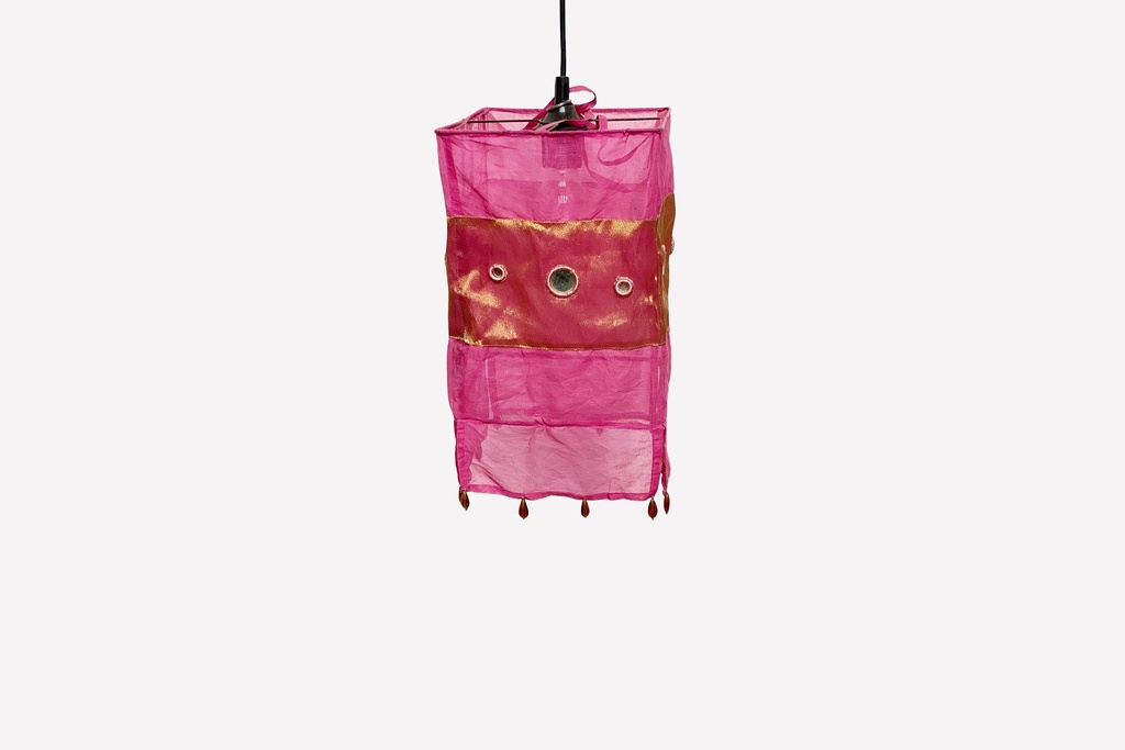 Pink Sheer Hanging Lantern with Gold Accents and Beaded Tassels