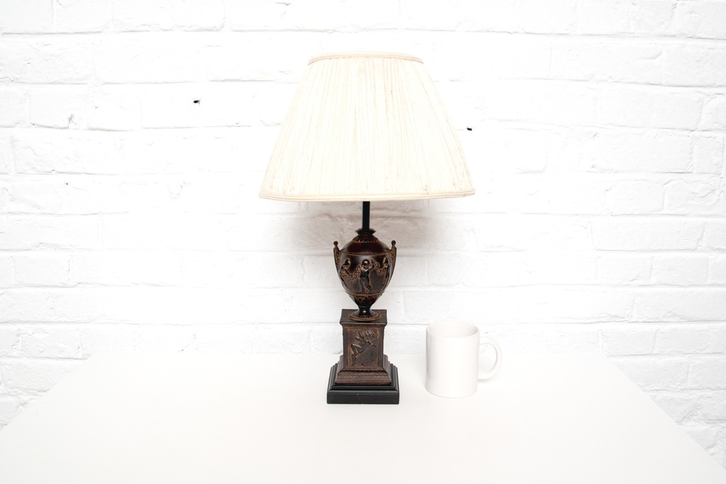 Victorian Trophy Base Table Lamp with Cream Shade and White Mug