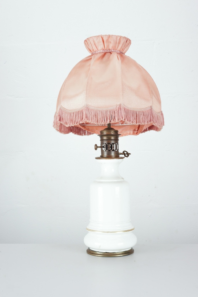 Vintage White Glass Oil Lamp with Peach Fringe Shade