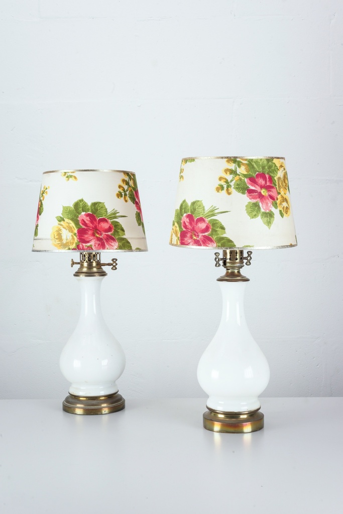 Vintage White Table Lamps with Floral Pattern Shades