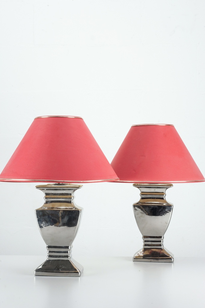 Pair of Chrome Table Lamps with Red Tapered Shades